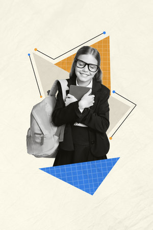 Vertical collage of smiling cute schoolgirl hugs holding book literature wear new uniform with stylish rucksack isolated on grey backgroundの写真素材
