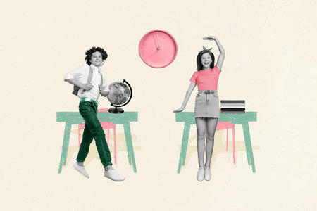 Creative illustration composite photo collage of two happy funny classmates back to school in classroom isolated on painted backgroundの写真素材