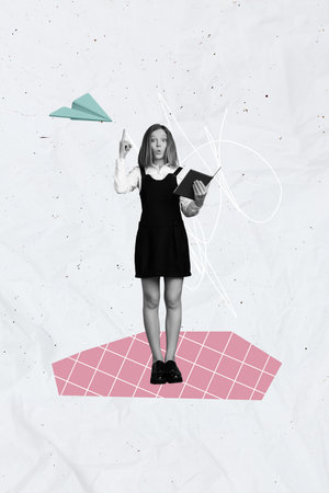 Creative design collage of funny schoolgirl eureka pointing finger find interesting fact curiosity in book isolated over grey backgroundの写真素材