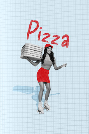Full length body collage attractive cheery girl delivery pizza courier hold stack boxes ride roller skates isolated on plaid backgroundの写真素材