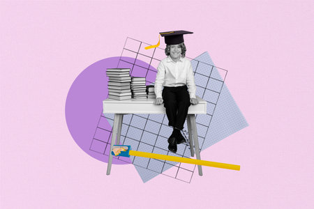 Retro creative artwork collage of funny cute little schoolkid successfully graduates primary school isolated pink color backgroundの写真素材
