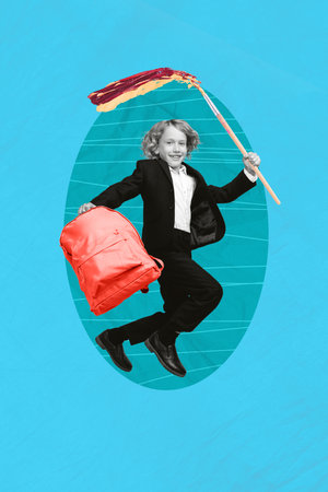 Vertical creative collage illustration of funky jumping schoolboy having fun hold red backpack paintbrush isolated on blue backgroundの写真素材