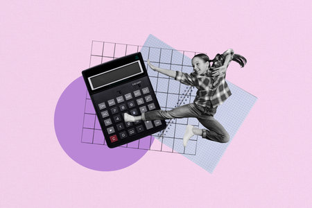 Creative retro 3d magazine collage image of funny happy little girl learning calculate isolated violet color backgroundの写真素材