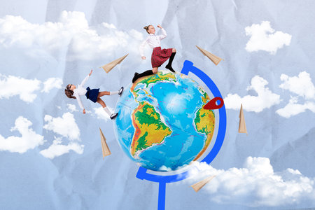 Two girls collage illustration classmates running around world planet earth geography map globe navigation tag isolated on sky backgroundの写真素材