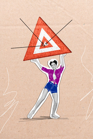 Vertical collage picture of cheerful black white colors girl arms hold triangle road sign target arrow pointers isolated on carton paper backgroundの写真素材