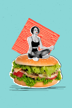 Vertical collage of mini black white effect sporty girl sit top big burger meditate isolated on creative turquoise backgroundの写真素材