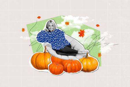 Abstract composite artwork photo collage of good mood woman lay on pumpkins at garden in october isolated on creative drawing backgroundの写真素材