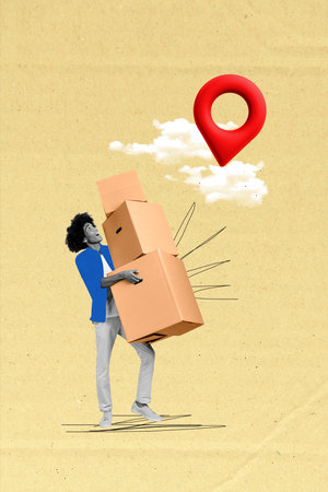 Vertical collage of astonished black white colors guy hold pile stack boxes look clouds sky location mark isolated on beige paper backgroundの写真素材