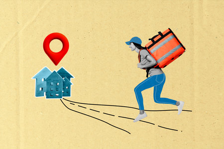 Collage of black white effect girl glovo courier carry backpack run painted road buildings location mark isolated on beige paper backgroundの写真素材