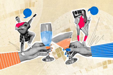 Artwork collage of two black white effect arms hold clink martini champagne glass mini people play guitar sing dance boombox music roller bladesの写真素材