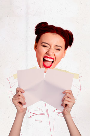3d retro abstract creative artwork template collage of cheerful funny female screaming head hands hold tear paper sheet shoutingの写真素材