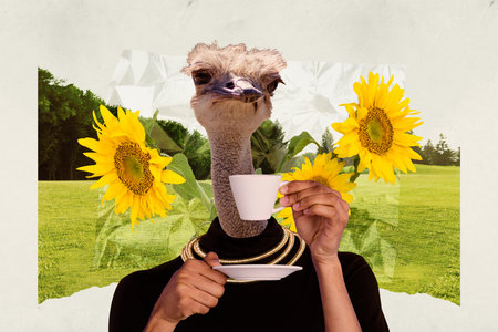 Picture surreal image collage of weird bizarre creature freak drink tasty breakfast tea hold saucer enjoy party landscape outsideの写真素材