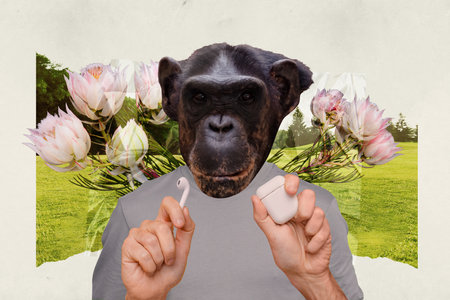 Abstract surreal image collage of bizarre weird personage hand hold case wireless earbudsの写真素材