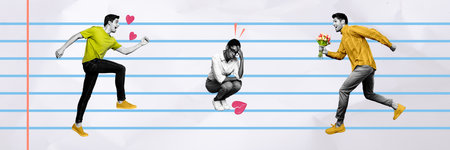 Abstract template graphics collage image of lady can not choose lover boyfriend isolated striped...