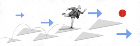 Abstract creative artwork template collage of excited mature guy achieve success step by step...