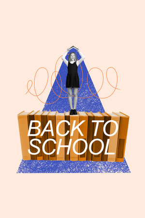 Vertical collage of excited mini black white effect girl hands hold opened book above head back to school isolated on beige background