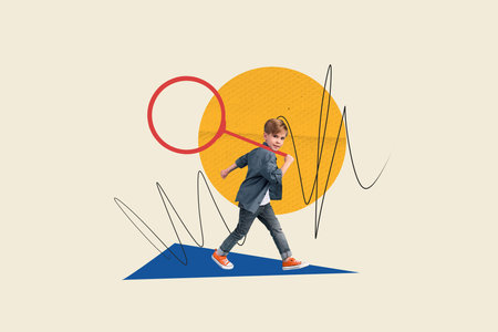 Poster banner collage 3d picture of smiling positive schoolkid scientist carrying large magnifier...