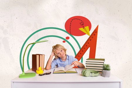 Banner collage 3d graphics sketch billboard of dreamy minded smart boy doing homework preparing exam...
