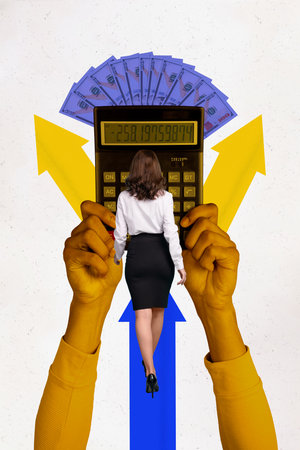 Illustration collage of walking businesswoman wear formal garment road to success count bills money recession isolated on white backgroundの写真素材