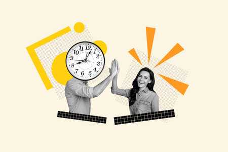 Creative collage picture of black white colors girl give high five guy watch clock instead head isolated on beige backgroundの写真素材