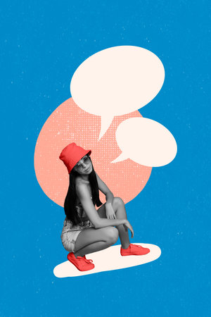 Vertical composite illustration photo collage of attractive beautiful woman at vacation speaking isolated on creative drawing backgroundの写真素材