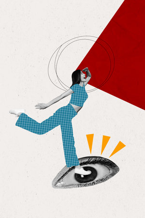 Creative artwork picture collage of young funky girl searching eyesight watching far away while anonim spying isolated on white backgroundの写真素材