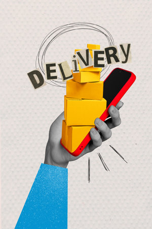 Magazine template collage of client consumer hold smart gadget use application for fast delivery orders cardboard packagesの写真素材
