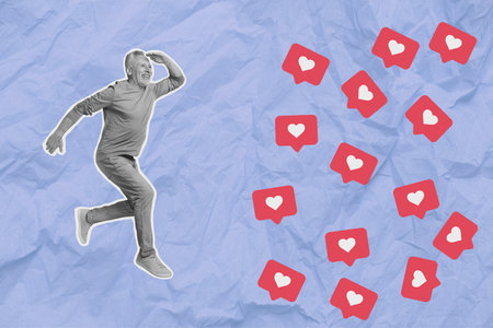 Collage banner advert account like hearts symbol notification high popularity blog old man isolated on blue backgroundの写真素材