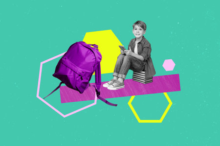 Schoolchildren collage of little funky boy sitting stack literature books supply sale ad backpack...