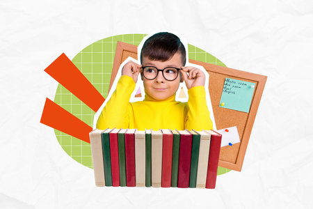 Collage of young funny schoolkid wearing eyeglasses intellect read much books library pin desk schedule lesson isolated on white backgroundの写真素材