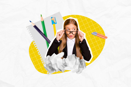 Collage of surprised girl school child kid academic wear uniform look excited buy more pencils drawing skill isolated on white backgroundの写真素材