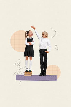 Collage 3d image of pinup pop retro sketch of together two best friends little boy girl schoolkids have fun pile books measure heightの写真素材