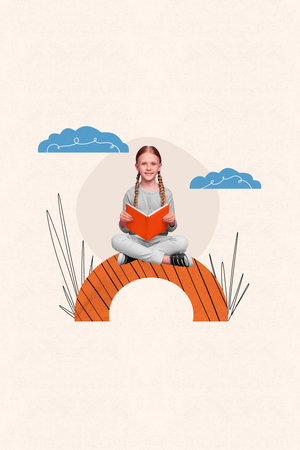 Composite collage image of smart intelligent clever little girl small kid schoolgirl schoolkid clouds sky homework diligent comics minimalの写真素材