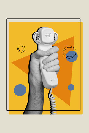 Vertical collage picture of black white colors arm hold retro handset telephone isolated on painted backgroundの写真素材