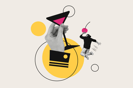 Creative collage image of black white effect arm hold alcohol cocktail glass mini guy jump hold cherry fruit isolated on painted backgroundの写真素材