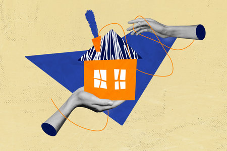 Creative graphics collage painting of arms tacking care house isolated drawing beige color backgroundの写真素材