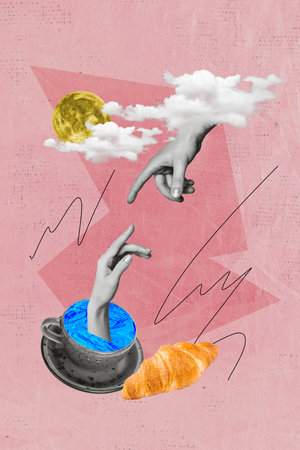 Retro abstract creative artwork template collage of hand growing coffee cut enjoying croissant isolated pink color backgroundの写真素材