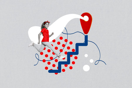 Horizontal collage illustration banner motivation funky running schoolgirl climb upstairs geotag growth success isolated on grey backgroundの写真素材