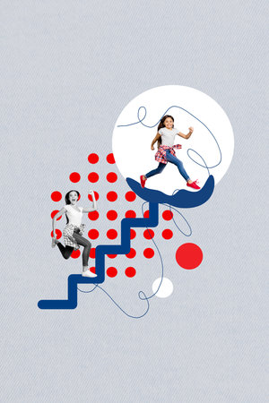 Sketch 3d poster collage of crazy energetic two girls have fun sporty contest climb upstairs run goal isolated on drawing backgroundの写真素材