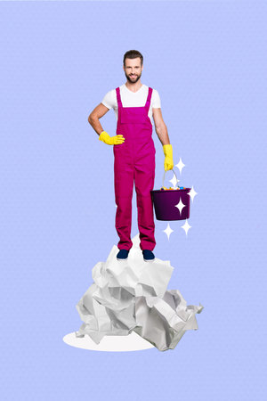 Composite collage of expert happy smiling young housekeeper wear latex gloves pink uniform hold bucket trash isolated on violet backgroundの写真素材