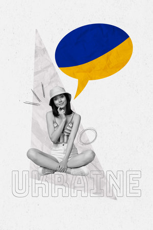 Cute sitting young woman guess speech round cloud blue yellow flag ukrainian idea thoughts phrase isolated over grey color backgroundの写真素材