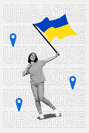 Composite template collage of funky young woman hold blue yellow flag peace country ukraine stop war activist isolated on grey backgroundの写真素材