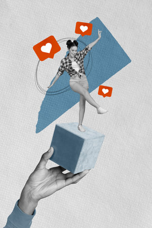 Vertical collage picture of big black white colors arm hold square mini excited girl dancing like notification isolated on paper backgroundの写真素材