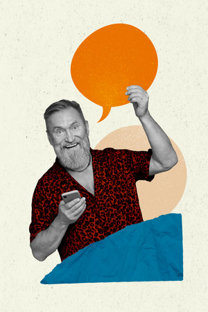 Poster banner collage of elderly man use smart gadget have community chat on  network speak talk with friendsの写真素材
