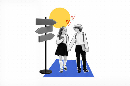 Hands together small relationships collage illustration lovers school classmates childhood walk after lessons isolated on white backgroundの写真素材