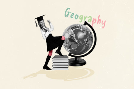 Template illustration collage of schoolgirl raise fists up celebrate enjoy learning geography pile books isolated on beige color backgroundの写真素材