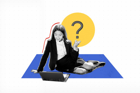Artwork collage of positive black white effect girl elearning online lesson netbook question mark isolated on creative backgroundの写真素材