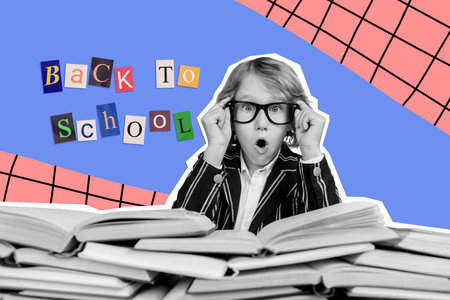 Creative collage of black white effect impressed boy hands touch glasses open mouth pile stack opened book back to schoolの写真素材