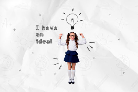 Primary school girl collage picture genius idea lightbulb plan invention decision celebration fists...