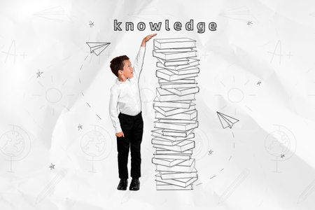 Artwork collage of little intelligent boy hand measure height big drawing pile stack book isolated on white paper backgroundの写真素材